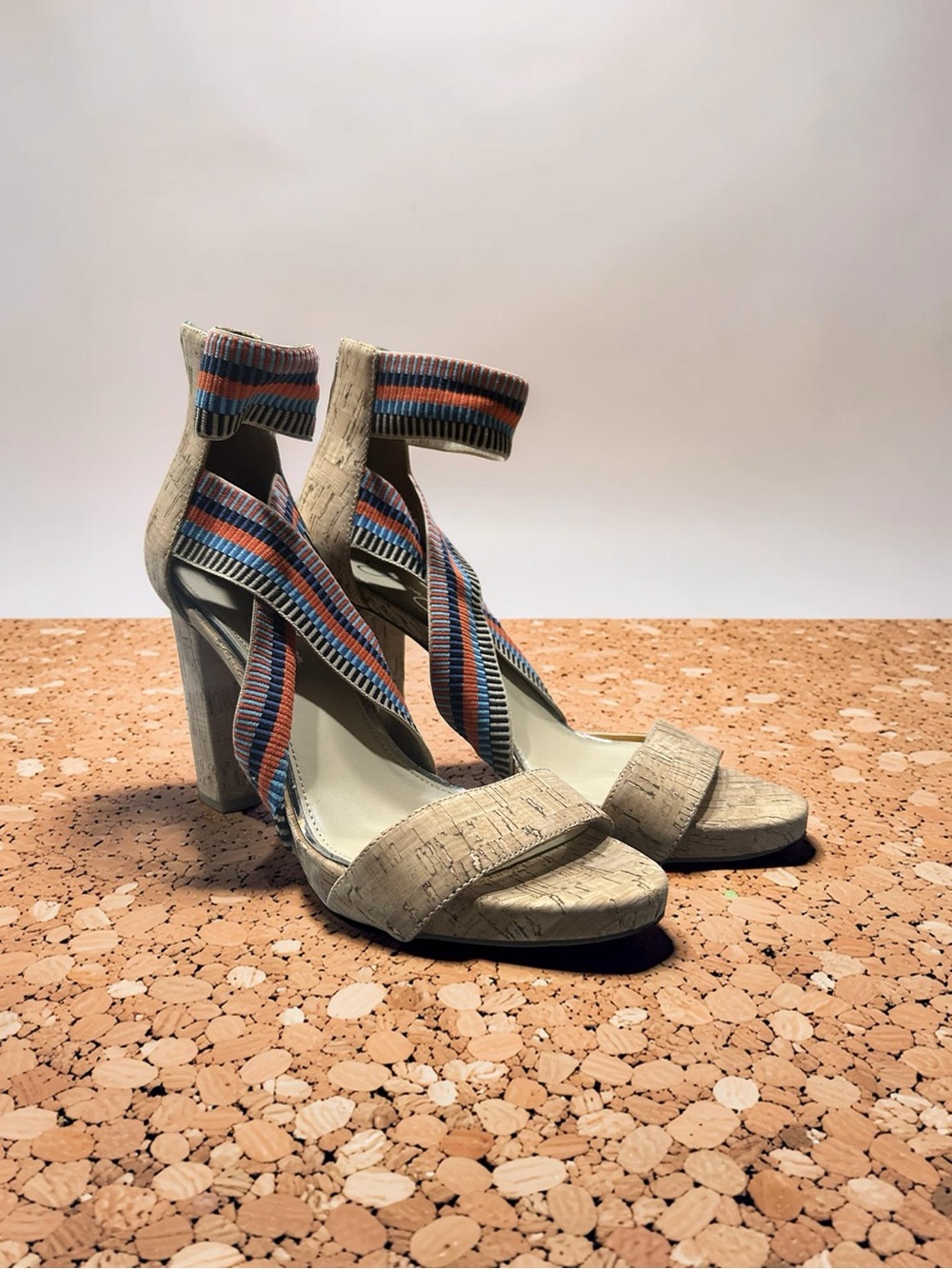 Jessica Simpson Yellow, Gray Cork Block Heel Sandals with Multicolor Straps BT16
